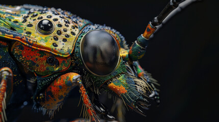 Detailed close-up of a vividly colored, exotic insect with intricate patterns and textures against a dark background.