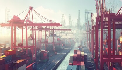 Busy shipping port at dawn with cranes and cargo containers loading and unloading along the waterway