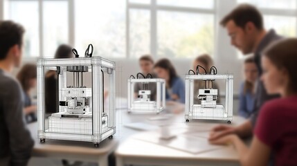 Poster - Students collaborating on innovative 3D printing project in classroom during daytime workshop session