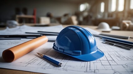 a hat rests atop a set of architectural blueprints