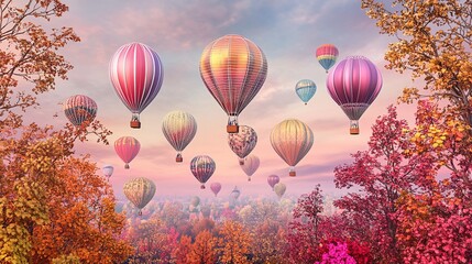  Colorful hot air balloons floating over a vibrant autumn landscape during a serene sunrise moment