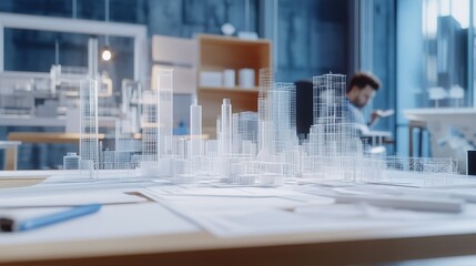 Poster - Architectural model on a design table with a focused designer reviewing plans in a bright urban studio environment