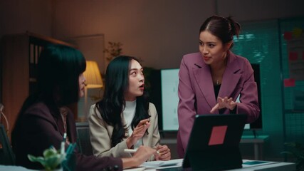 Poster - Businesswomen team having conversation about work with laptop at office. Businesswoman team brainstorming and working late night in office