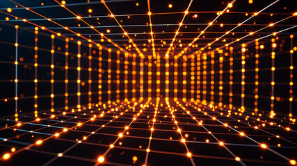 Wall Mural - An abstract 3D grid with luminous lines and glowing nodes, creating a sense of depth and motion.