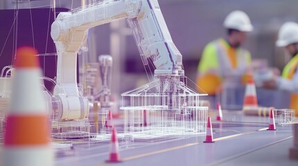 Wall Mural - Advanced construction site featuring robotic arm technology and workers collaborating on a building project with safety measures in place