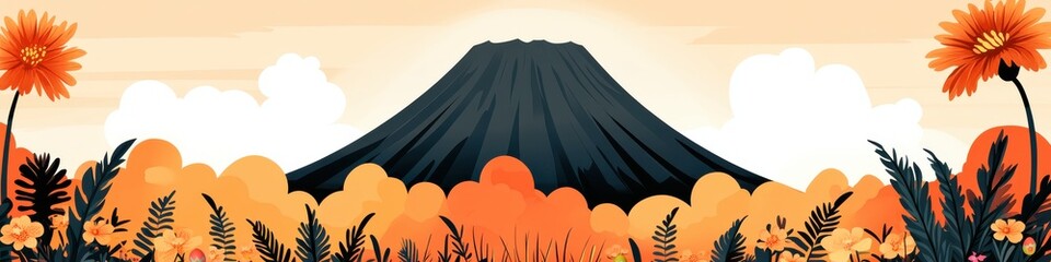 Sticker - Stunning Vector Art of Scenic Mountain Landscape with Blooming Orange Flowers and Clear Sky Capturing Nature's Beauty