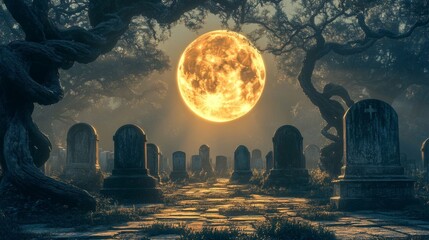 A full moon illuminates a graveyard, casting long shadows and creating an eerie, atmospheric Halloween scene.