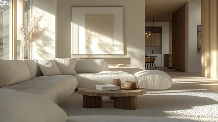 Poster - Neutral tones and complementary textures fill a modern cozy living room, illuminated by bright natural light