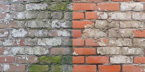 Wall Mural - Old brick wall with moss and peeling paint.