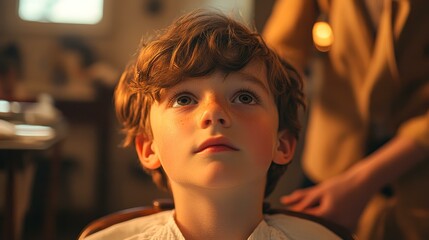 A young boy with tousled hair gazing up with curiosity, sitting in a warmly lit room, can be used to depict themes of innocence, childhood wonder, or a visit to a barber,