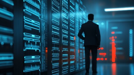 Poster - A business professional analyzes data in a modern data center illuminated with blue and red lights during late evening hours
