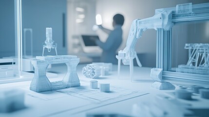 Poster - A designer collaborates with advanced 3D printing technology in a modern workspace showcasing high-tech innovation
