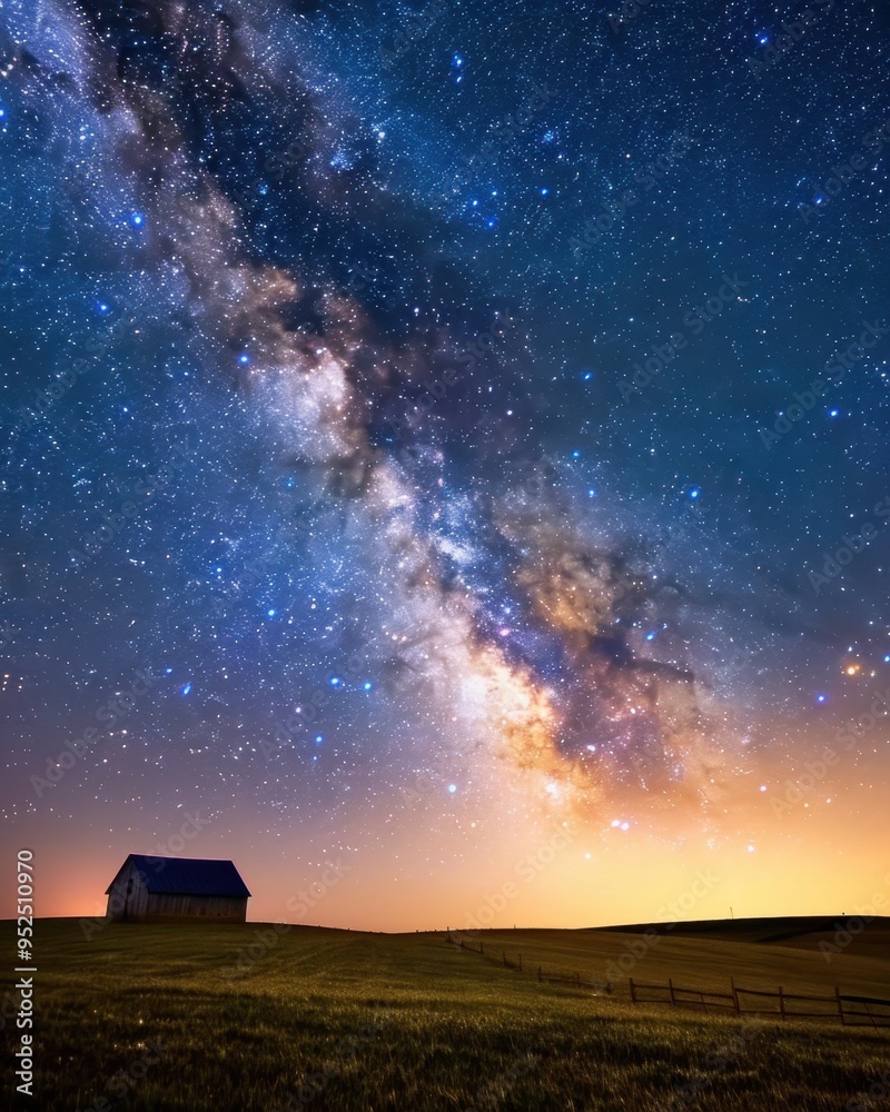 Stunning night sky with the Milky Way galaxy above a serene countryside ...