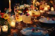 © Olsek - A beautifully set table with colorful cocktails and flowers. The warm glow of candles creates a cozy atmosphere. Perfect for gatherings or celebrations. Generative AI.