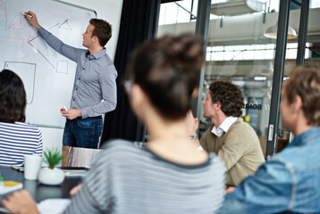 Poster - Board, presentation and discussion with business people in office for sales, briefing and development. Employee, manager and seminar with support in meeting for kpi strategy, leadership and training
