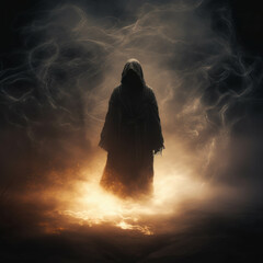 Mysterious Figure in the Mist: An enigmatic hooded figure stands shrouded in swirling mist, casting an ethereal and haunting presence, perfect for horror, fantasy, and mystery themes.  