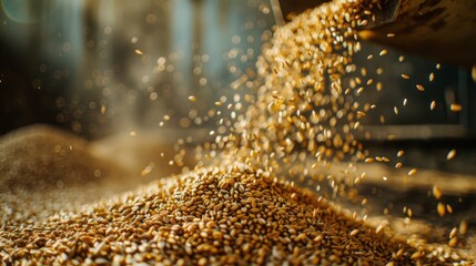 Poster - A large pile of grain is being poured out of a container