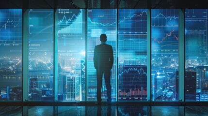 Poster - Businessman Looking at Cityscape Through Window with Data Visualizations
