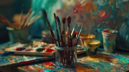 Wall Mural - A close-up shot of paintbrushes arranged in an artistic display, set against the vibrant backdrop of an art studio