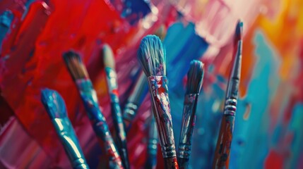 Wall Mural - A close-up shot of paintbrushes arranged in an artistic display, set against the vibrant backdrop of an art studio