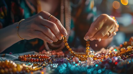 A close up shot of woman's hands that are making beaded necklaces and bracelets in her home studio, surrounded by colorful beads and threads