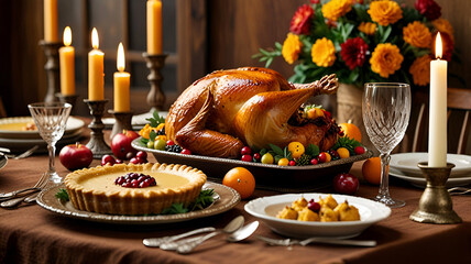 Thanksgiving dinner table setting, Thanksgiving Turkey. Ai generative