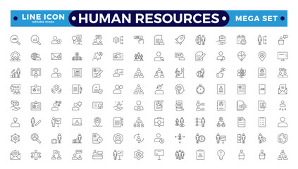 Set of outline icons related to HR, Human Resources, Recruitment, Employment, business, office, company, and management. Linear icon collection. Editable stroke outline icon.