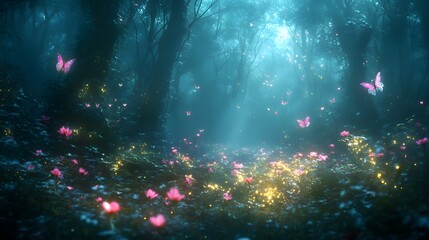 Enchanted forest glowing flowers ethereal creatures mystical atmosphere soft-focus