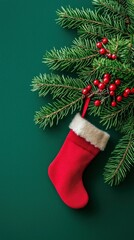 Canvas Print - Christmas Stocking Hanging on Pine Branch with Red Berries