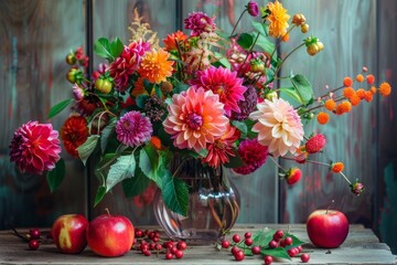 Autumn still life with garden flowers. Beautiful autumnal bouquet in vase, apples and berries on wooden table. Colorful dahlia and chrysanthemum