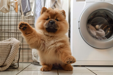 Wall Mural - a dog standing up in front of a washing machine