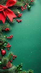 Poster - Festive Christmas Background with Pine Branches, Berries, and Red Bow