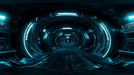 Wall Mural - A dark tunnel environment illuminated by laser lights, featuring metal panels, and futuristic neon lighting in a 360-degree panoramic view, depicting a cyber hangar with glowing blue tubes