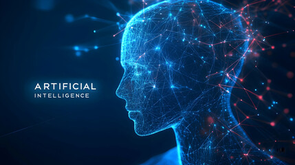 A digital illustration of an AI head with glowing neural connections, set against a deep blue background The text 