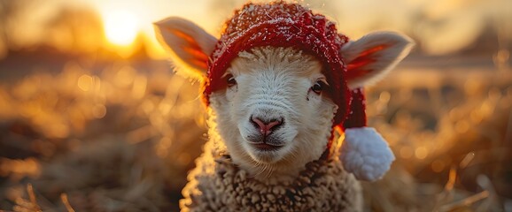 A cute lamb wearing a red Santa hat with a blurred background of a golden sunset.