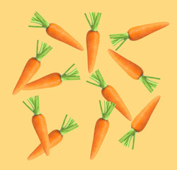 Wall Mural - Whole ripe carrots in air on pale orange background