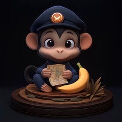 Canvas Print - Cute Cartoon Monkey with Map and Banana