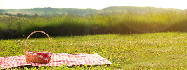 Wall Mural - Picnic blanket and wicker basket on green grass during sunny day. Banner design with space for text