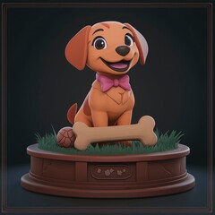 Sticker - Adorable Cartoon Puppy with Bowtie and Bone on Pedestal