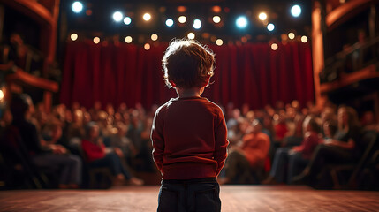 Wall Mural - Cute little boy on stage ready for performance back view. Audience looking at the child in theatre