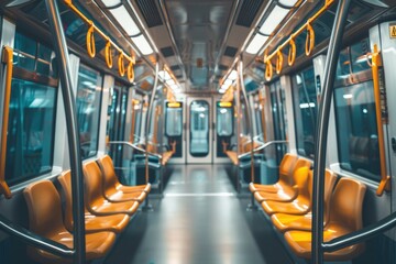 Clean, modern metro train interior with empty orange seats and yellow handrails