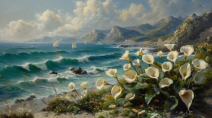 Wall Mural - A picturesque seascape with white lilies in the foreground, blue water, and mountains in the distance.