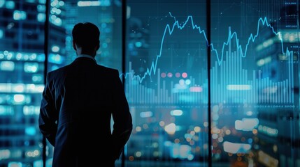 Poster - Businessman Looking at Stock Market Data at Night