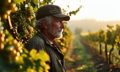 An elderly man wearing a hat tends to grapevines in a vineyard during the golden hour, with warm evening light illuminating the scene. The image reflects the dedication and peacefulness of rural life.