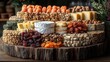 © furyon - rustic wooden stand adorned with artisanal cheeses assorted nuts and vibrant dried apricots arranged in a visually pleasing pattern warm lighting emphasizing textures negative space for text