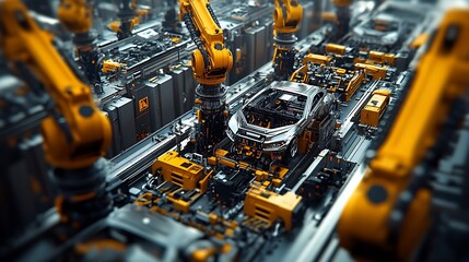 Poster - High-Angle View of Robotic Arms Assembling Car Parts on Automotive Factory Floor