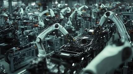 Poster - High-Angle View of Robotic Arms Assembling Car Parts on Automotive Factory Floor