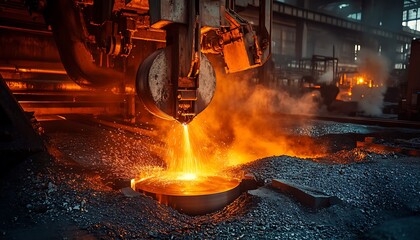 Molten Metal Being Poured into Molds by Heavy Machinery in Steel Processing Plant