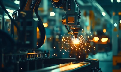 Poster - Robotic Arm Welding Parts in Industrial Factory with Bright Sparks and Conveyor Belts