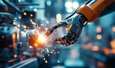 Poster - Robotic Arm Welding Parts in Industrial Factory with Bright Sparks and Conveyor Belts
